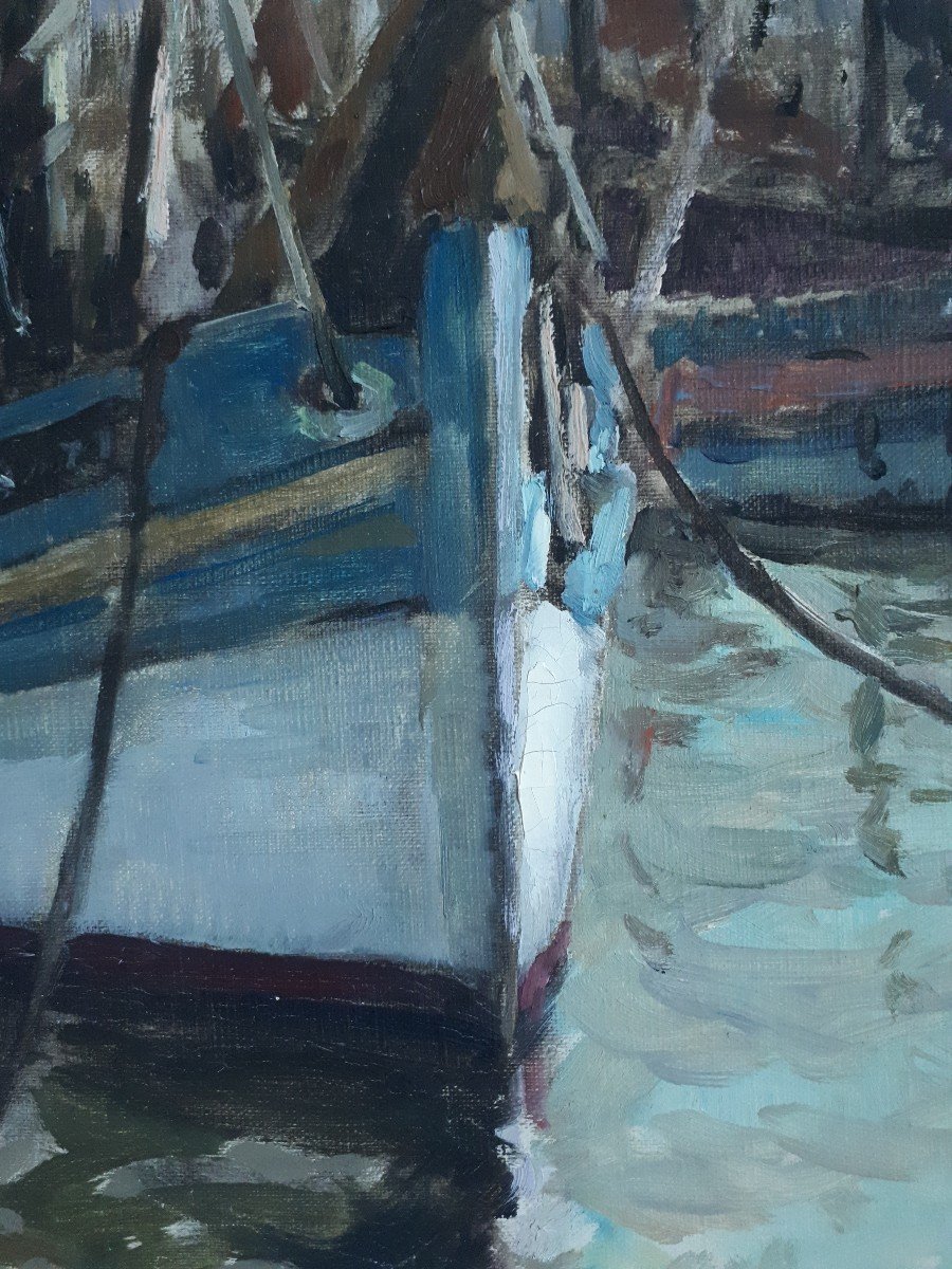 Alain Beaufreton (1903-?) Oil On Canvas - Les Sables d'Olonne - Marine Port Boats-photo-5