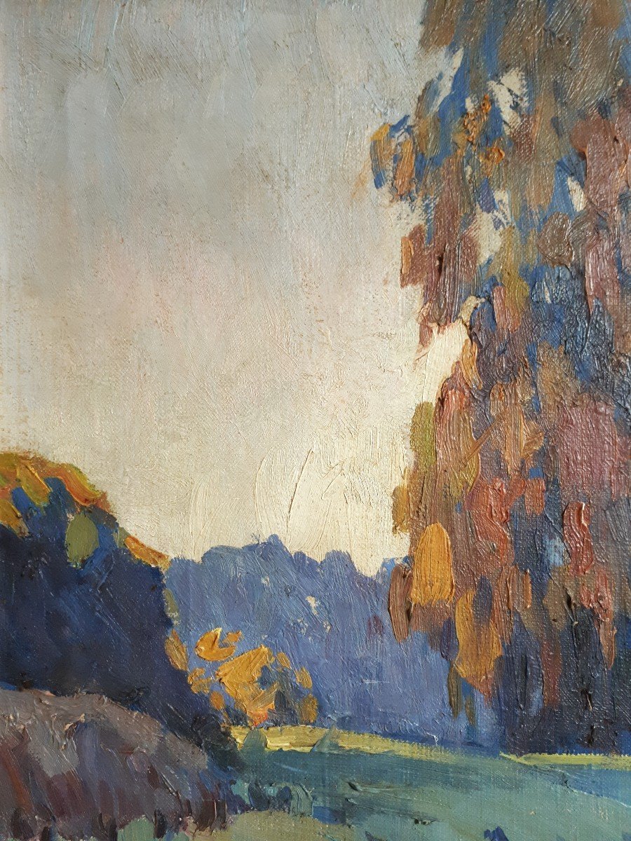 José MARQUES CAMPAO (1891-1949) huile sur toile paysage bord de rivière barques-photo-1