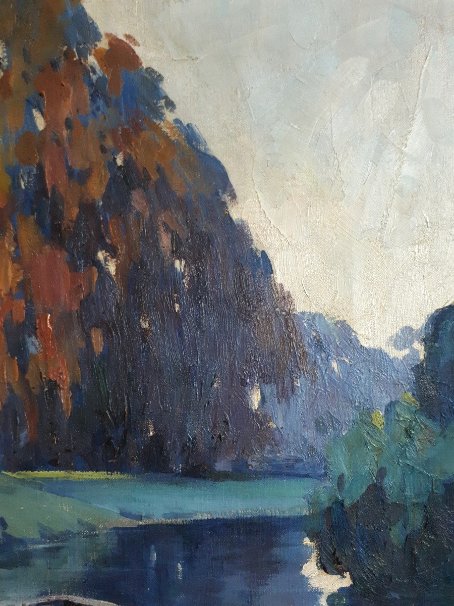José MARQUES CAMPAO (1891-1949) huile sur toile paysage bord de rivière barques-photo-2