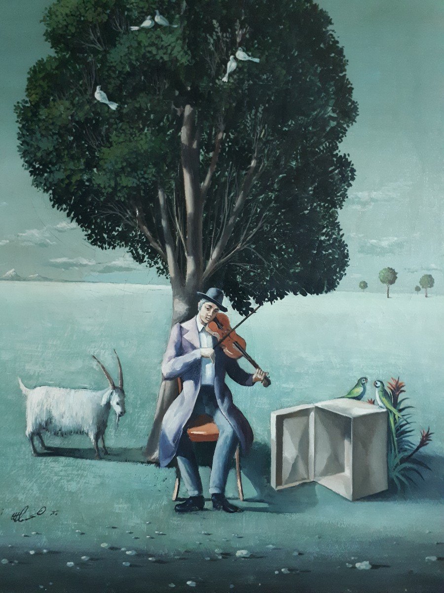 Painting Oil On Canvas Sitting Man With Violin Violinist Surrealism M. Yzadi 1970-photo-2