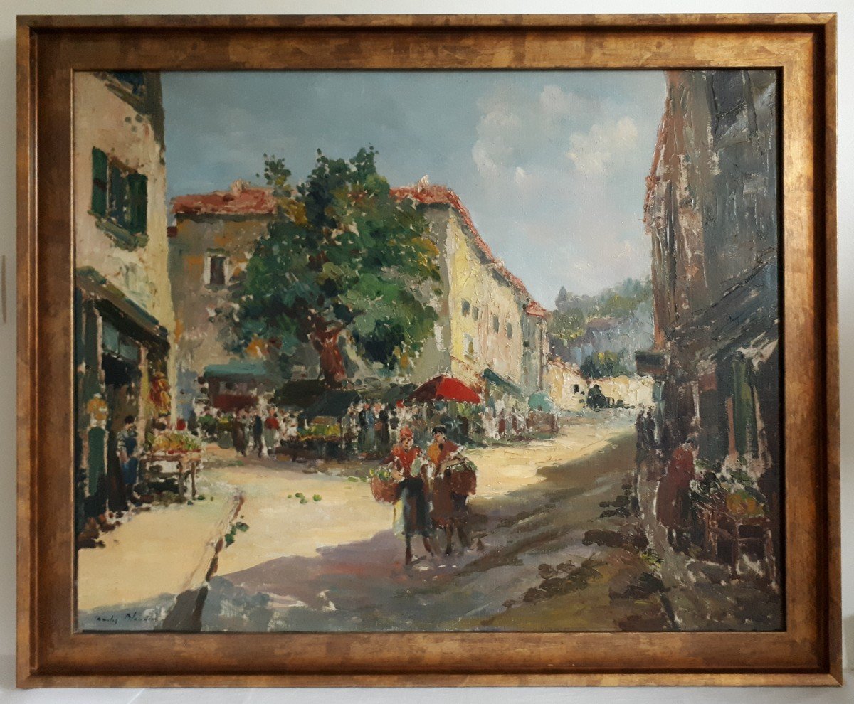 Charles BLONDIN (1913-1991) huile sur toile scène de marché provençal Provence