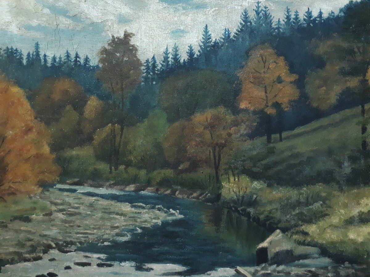 Oil On Canvas Cloudy Landscape River Forest M. Bastard-photo-3