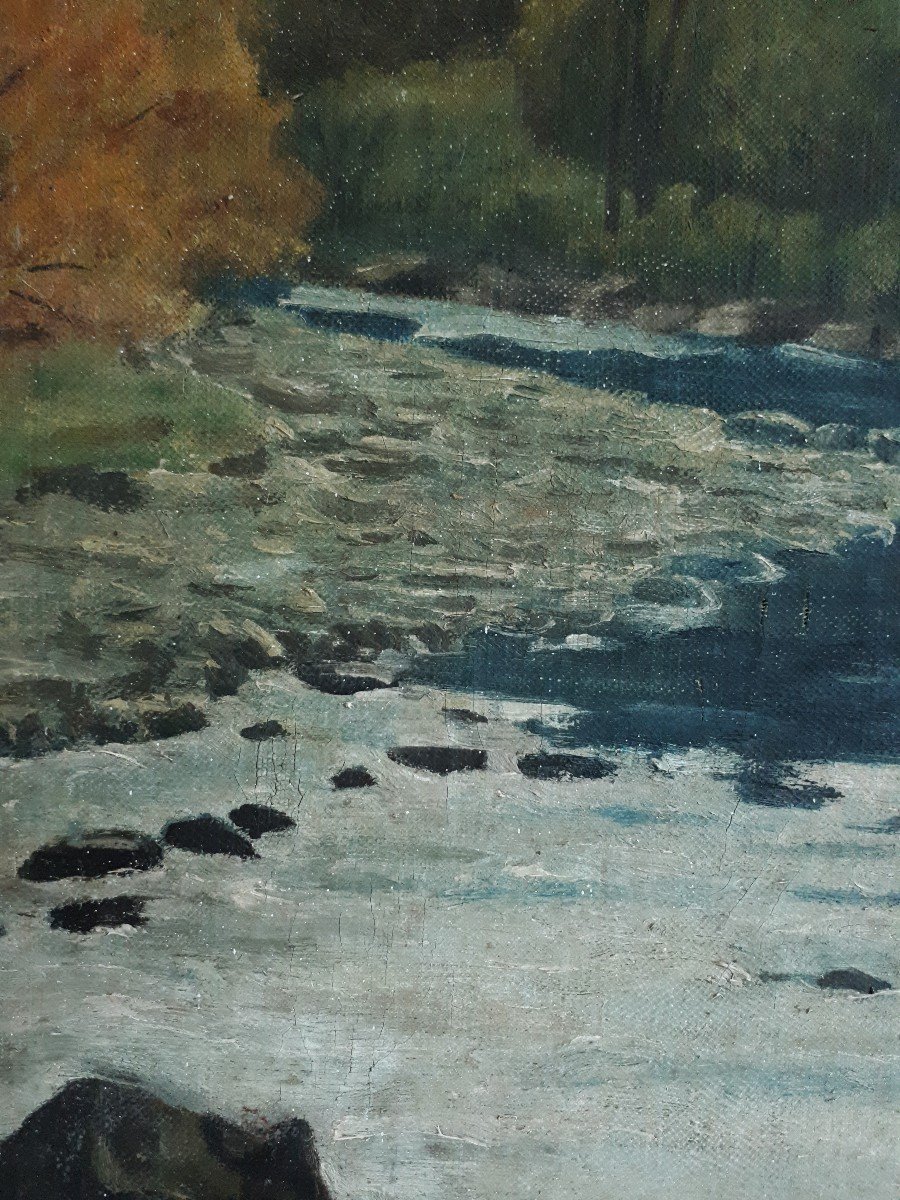 Oil On Canvas Cloudy Landscape River Forest M. Bastard-photo-3