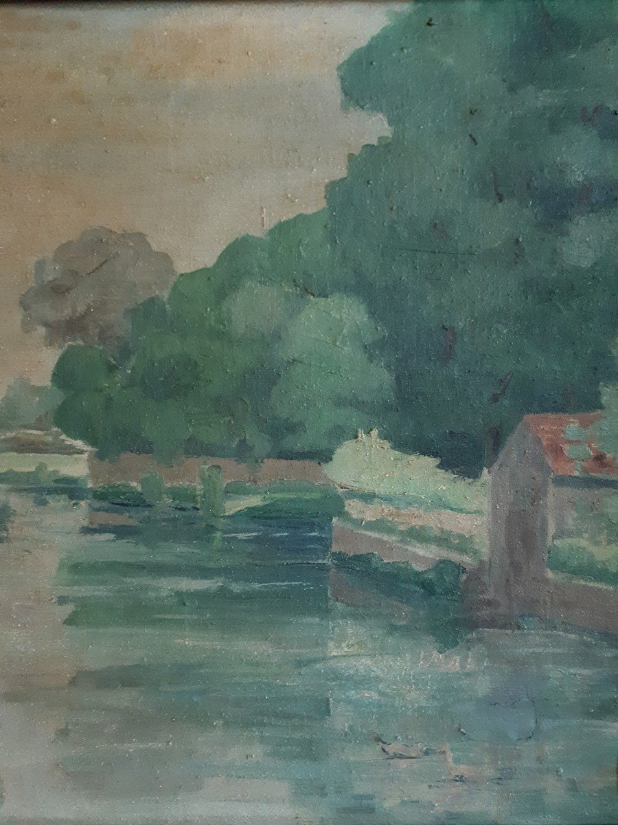 Tableau huile sur toile paysage rivière pêcheurs début XXème-photo-4