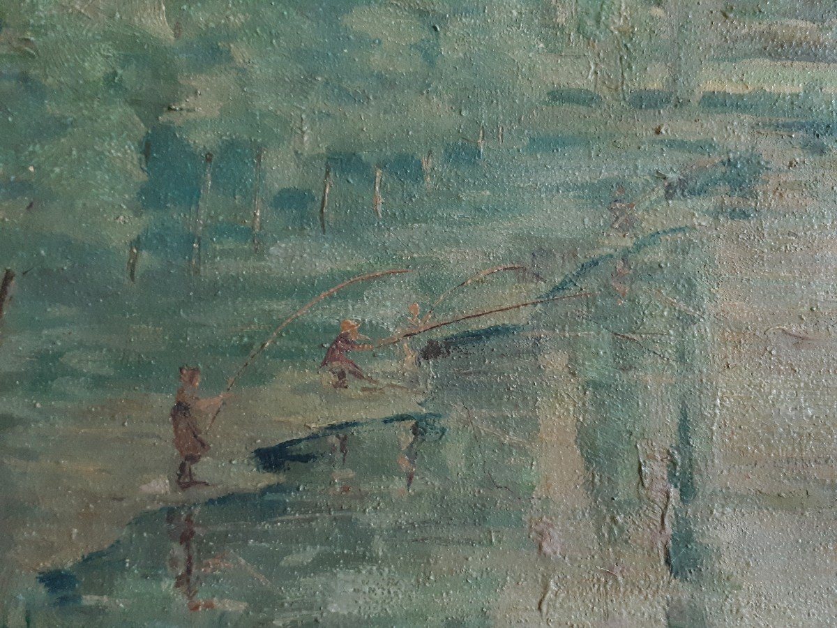 Tableau huile sur toile paysage rivière pêcheurs début XXème-photo-1