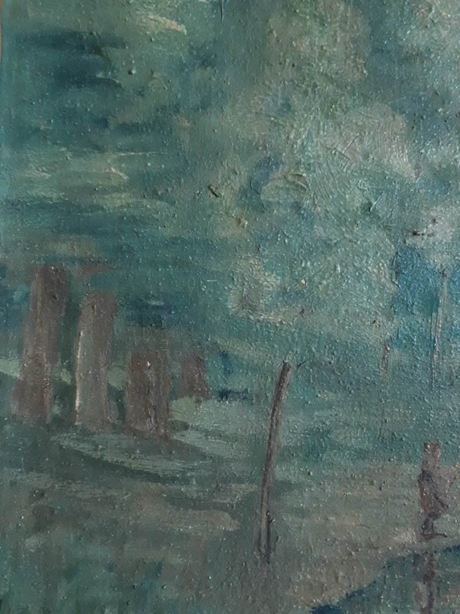 Tableau huile sur toile paysage rivière pêcheurs début XXème-photo-3