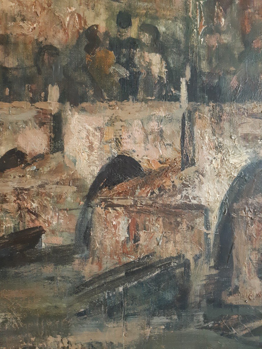 Ondine MAGNARD-VLACH  (1904-1968) vue de Prague le pont Charles huile sur toile-photo-4