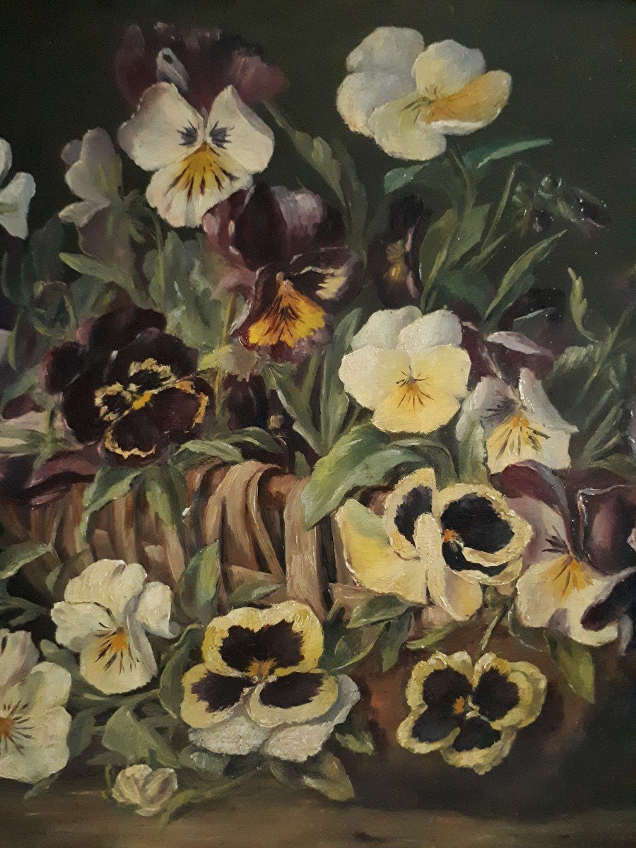 N. THIAUT tableau huile sur bois nature morte aux fleurs pensées 1904 début 20ème-photo-3
