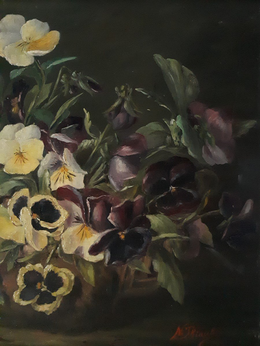 N. THIAUT tableau huile sur bois nature morte aux fleurs pensées 1904 début 20ème-photo-4