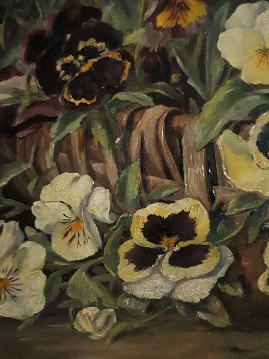 N. THIAUT tableau huile sur bois nature morte aux fleurs pensées 1904 début 20ème-photo-2