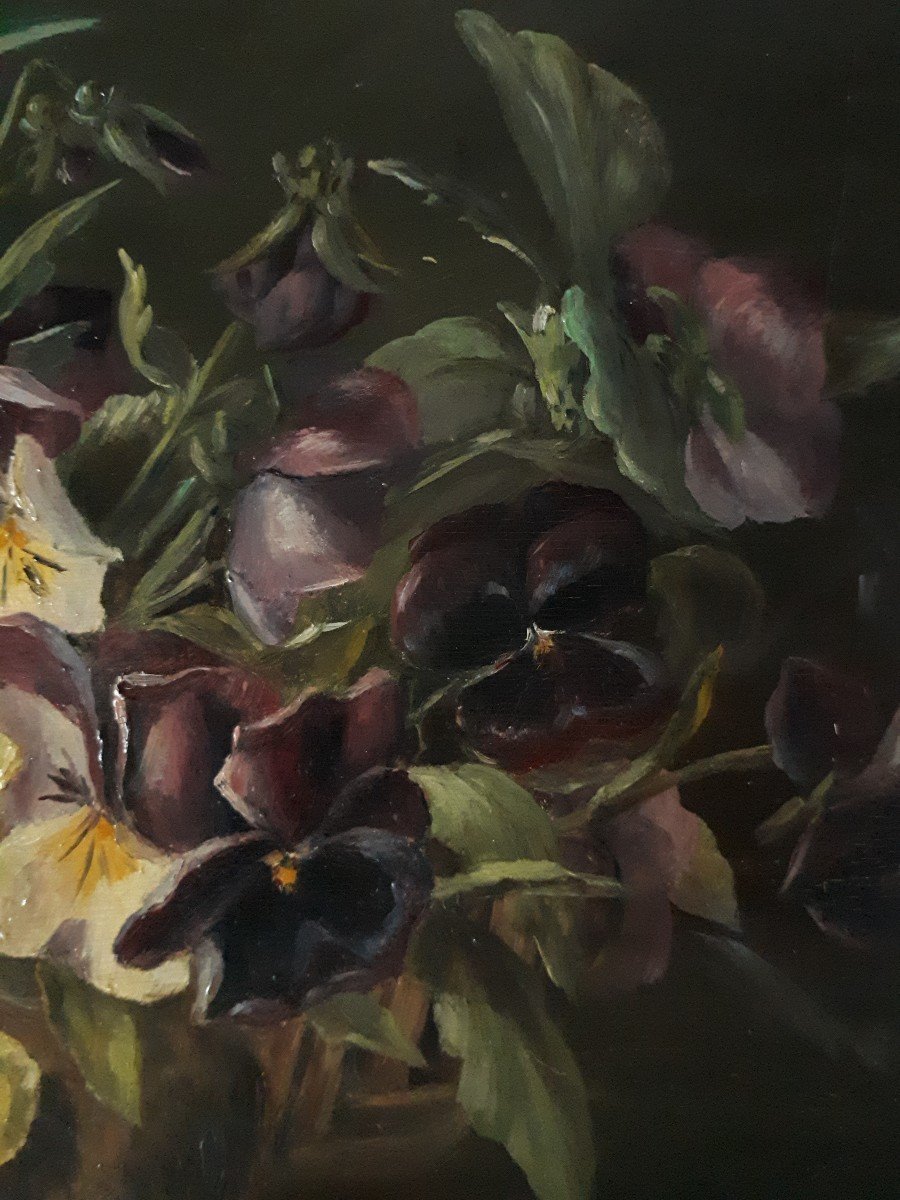 N. THIAUT tableau huile sur bois nature morte aux fleurs pensées 1904 début 20ème-photo-4