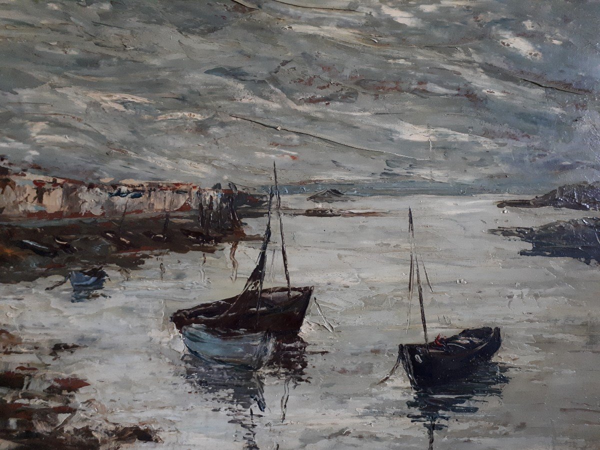 Robert Van Cleef (1914-?) Oil On Panel Seascape Seascape Seaside Boats-photo-3