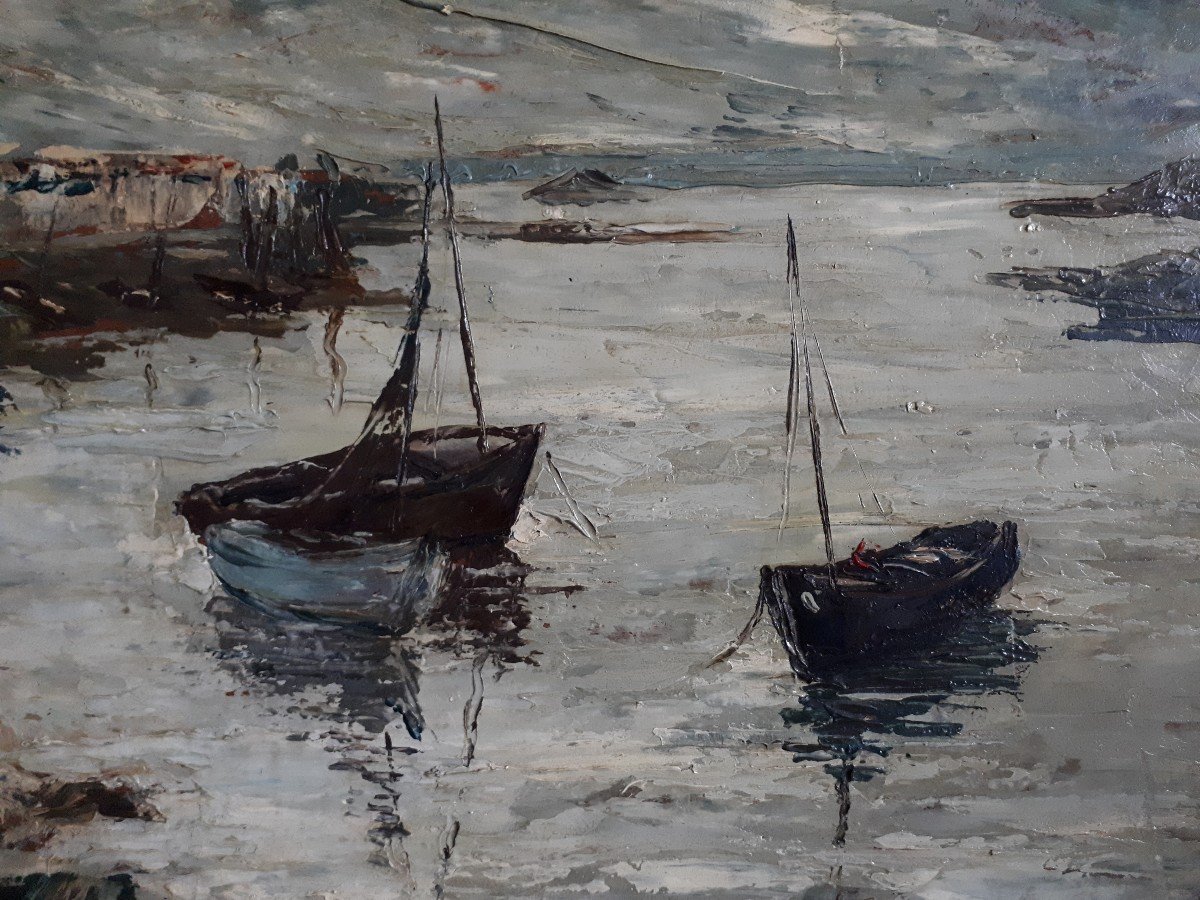 Robert Van Cleef (1914-?) Oil On Panel Seascape Seascape Seaside Boats-photo-1