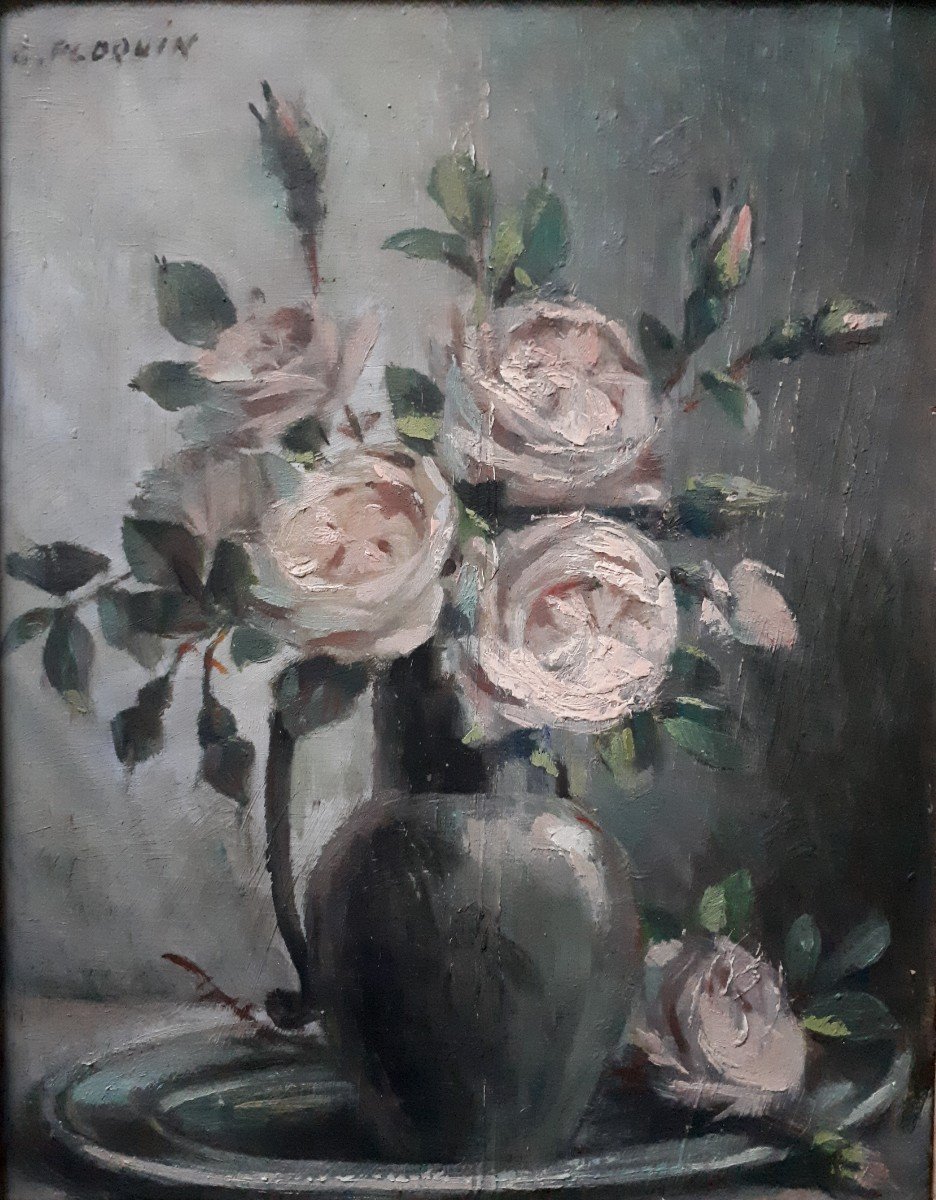 Gaston Ploquin (1882-1970) Oil On Wood Still Life Bouquet Of Roses Flowers-photo-2