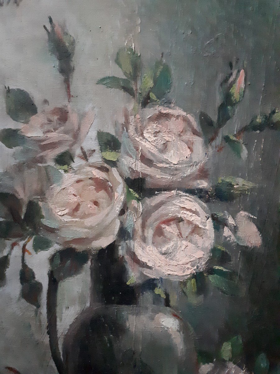 Gaston Ploquin (1882-1970) Oil On Wood Still Life Bouquet Of Roses Flowers-photo-3