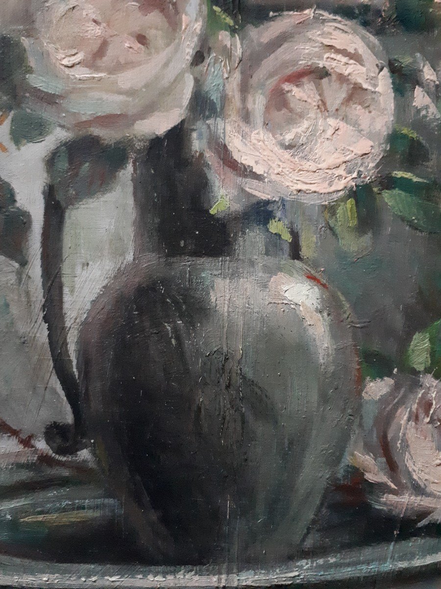 Gaston Ploquin (1882-1970) Oil On Wood Still Life Bouquet Of Roses Flowers-photo-4