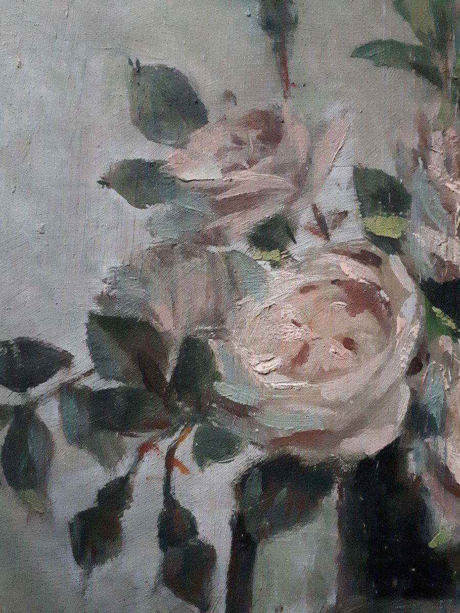 Gaston Ploquin (1882-1970) Oil On Wood Still Life Bouquet Of Roses Flowers-photo-1