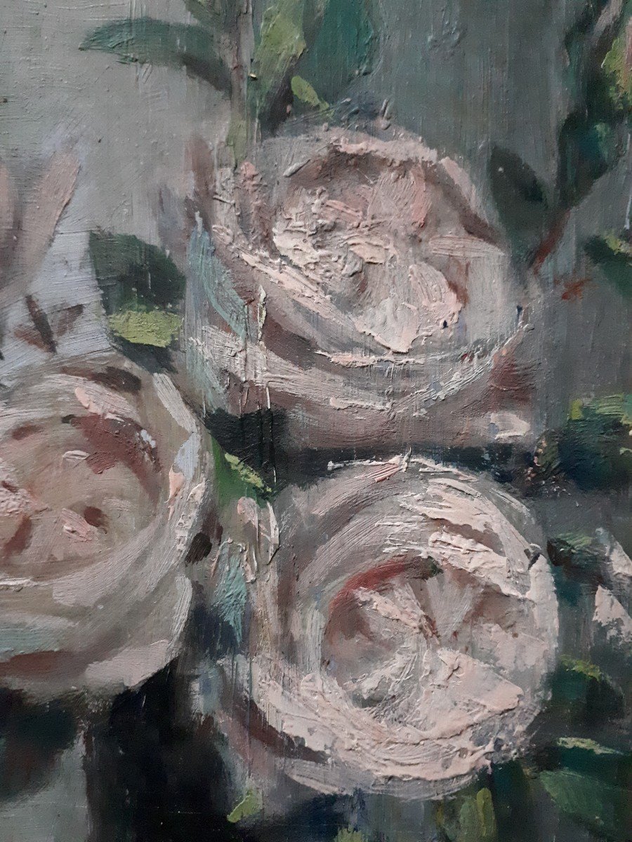 Gaston Ploquin (1882-1970) Oil On Wood Still Life Bouquet Of Roses Flowers-photo-2