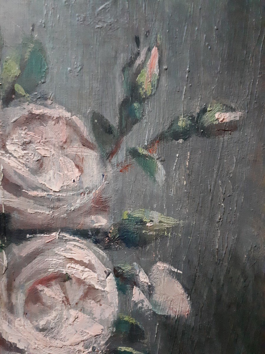 Gaston Ploquin (1882-1970) Oil On Wood Still Life Bouquet Of Roses Flowers-photo-3