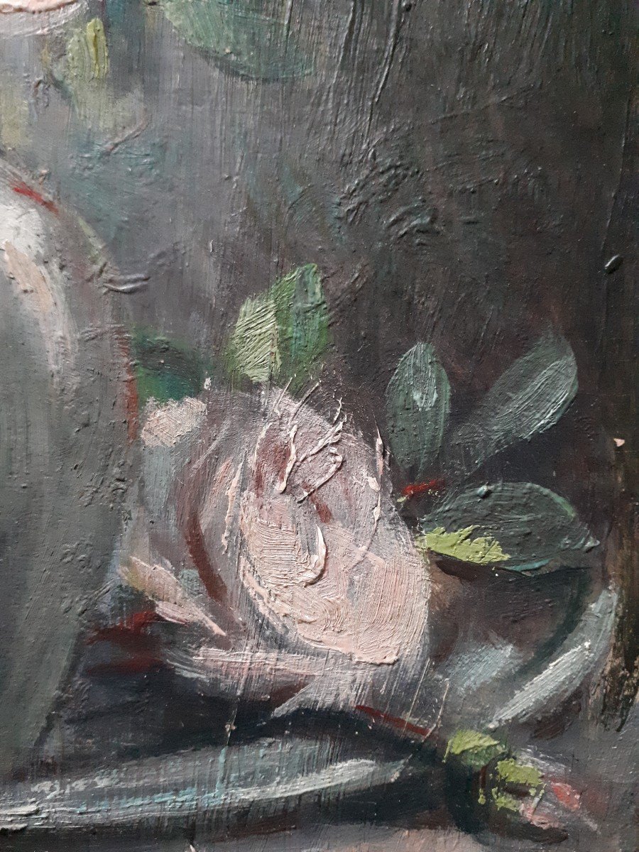 Gaston Ploquin (1882-1970) Oil On Wood Still Life Bouquet Of Roses Flowers-photo-5