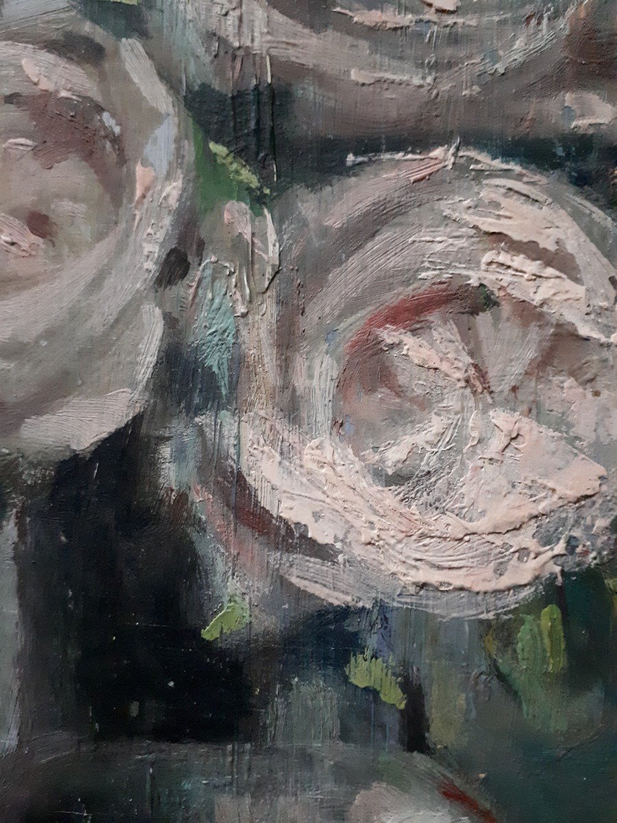 Gaston Ploquin (1882-1970) Oil On Wood Still Life Bouquet Of Roses Flowers-photo-6