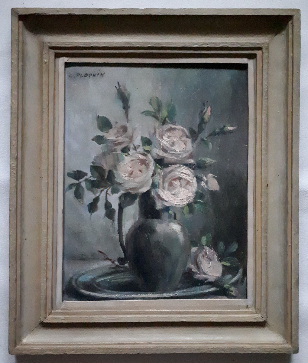 Gaston Ploquin (1882-1970) Oil On Wood Still Life Bouquet Of Roses Flowers