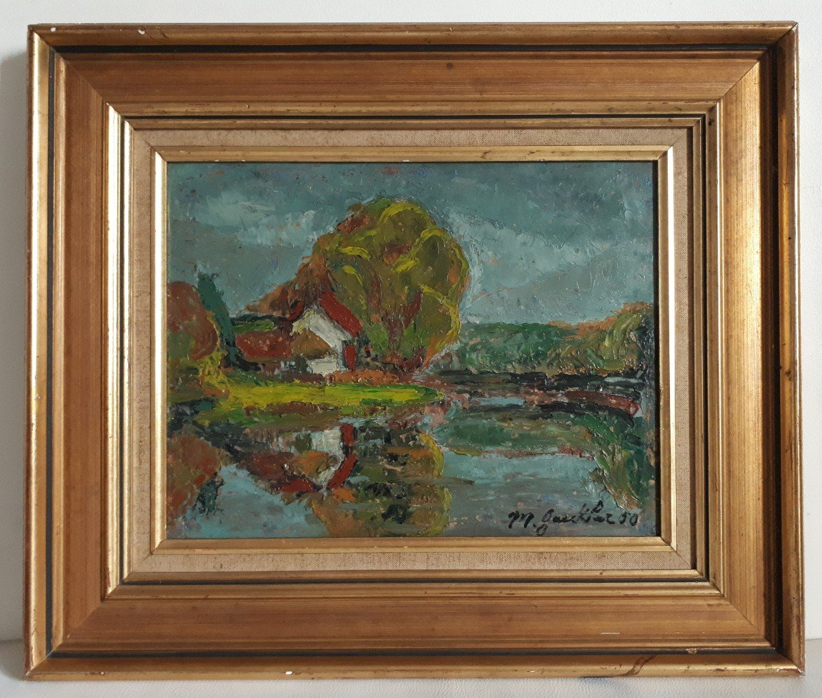 Madeleine GAECKLER (née en 1911) huile sur panneau paysage lacustre 1950