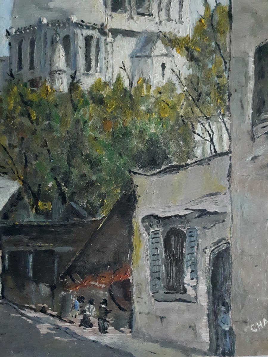 Tableau huile sur bois vue de Paris le Sacré-Coeur Charriau 1951-photo-1