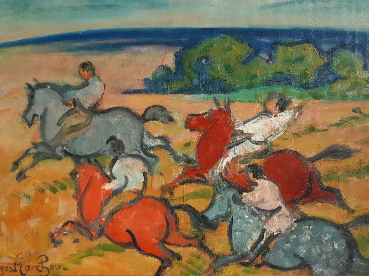 Georges Marchou (1898-1984) Oil On Canvas Riders Horses Fauvism Nabism-photo-2