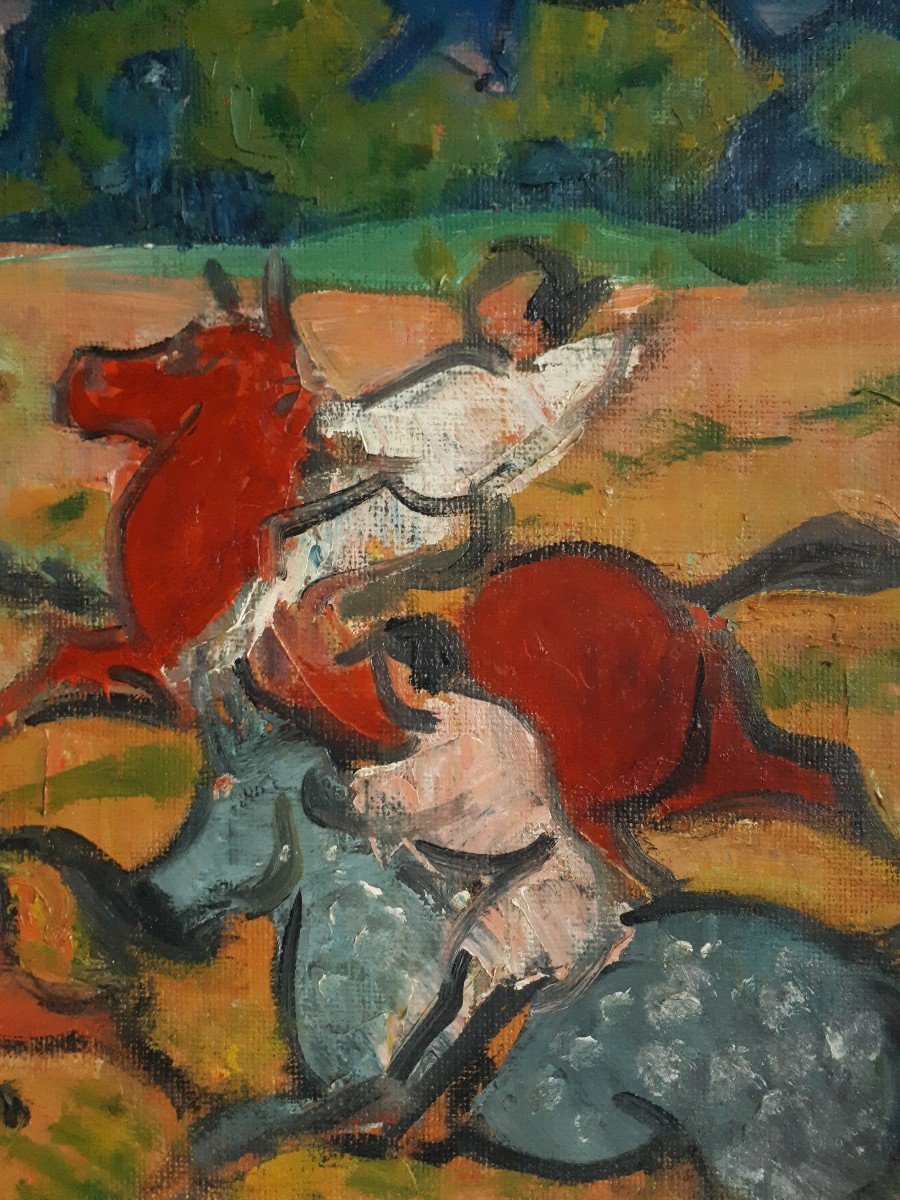 Georges Marchou (1898-1984) Oil On Canvas Riders Horses Fauvism Nabism-photo-1