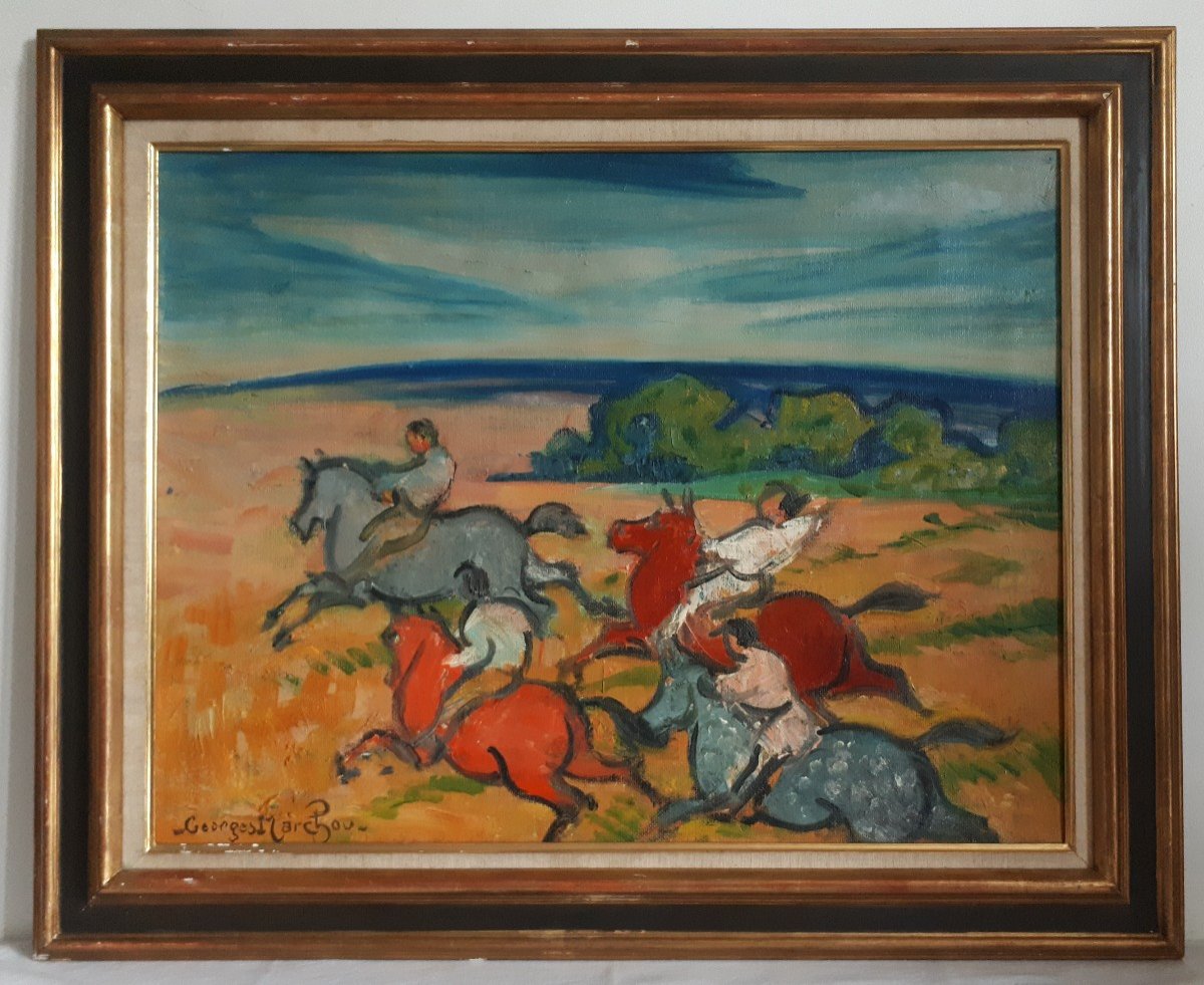 Georges Marchou (1898-1984) Oil On Canvas Riders Horses Fauvism Nabism