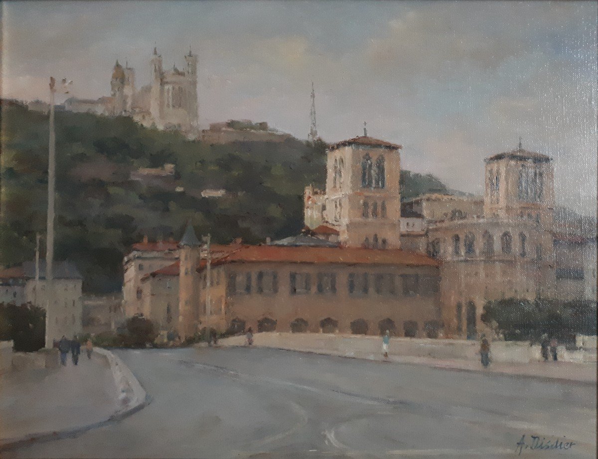 André DISDIER (né en 1936) vue de Lyon cathédrale Saint Jean huile sur toile-photo-2