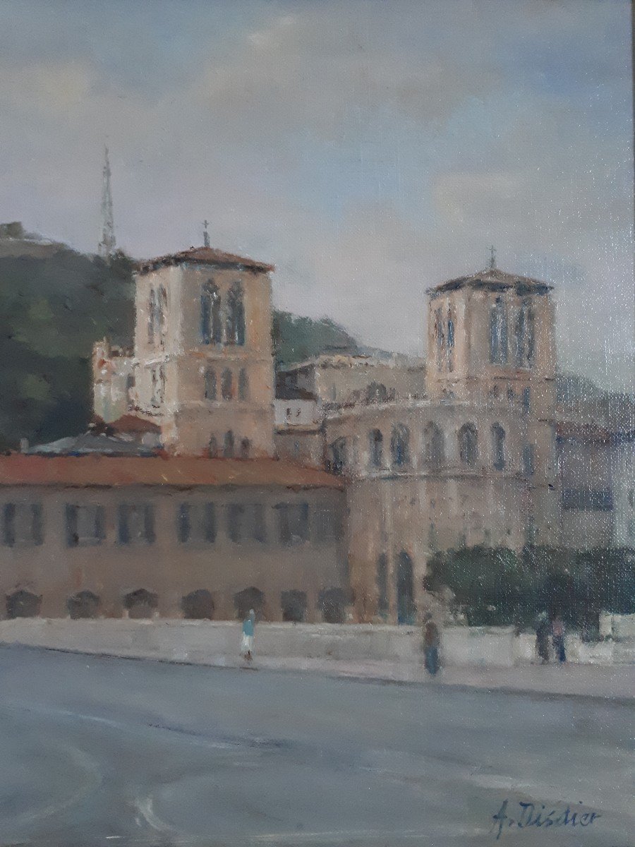 André DISDIER (né en 1936) vue de Lyon cathédrale Saint Jean huile sur toile-photo-4