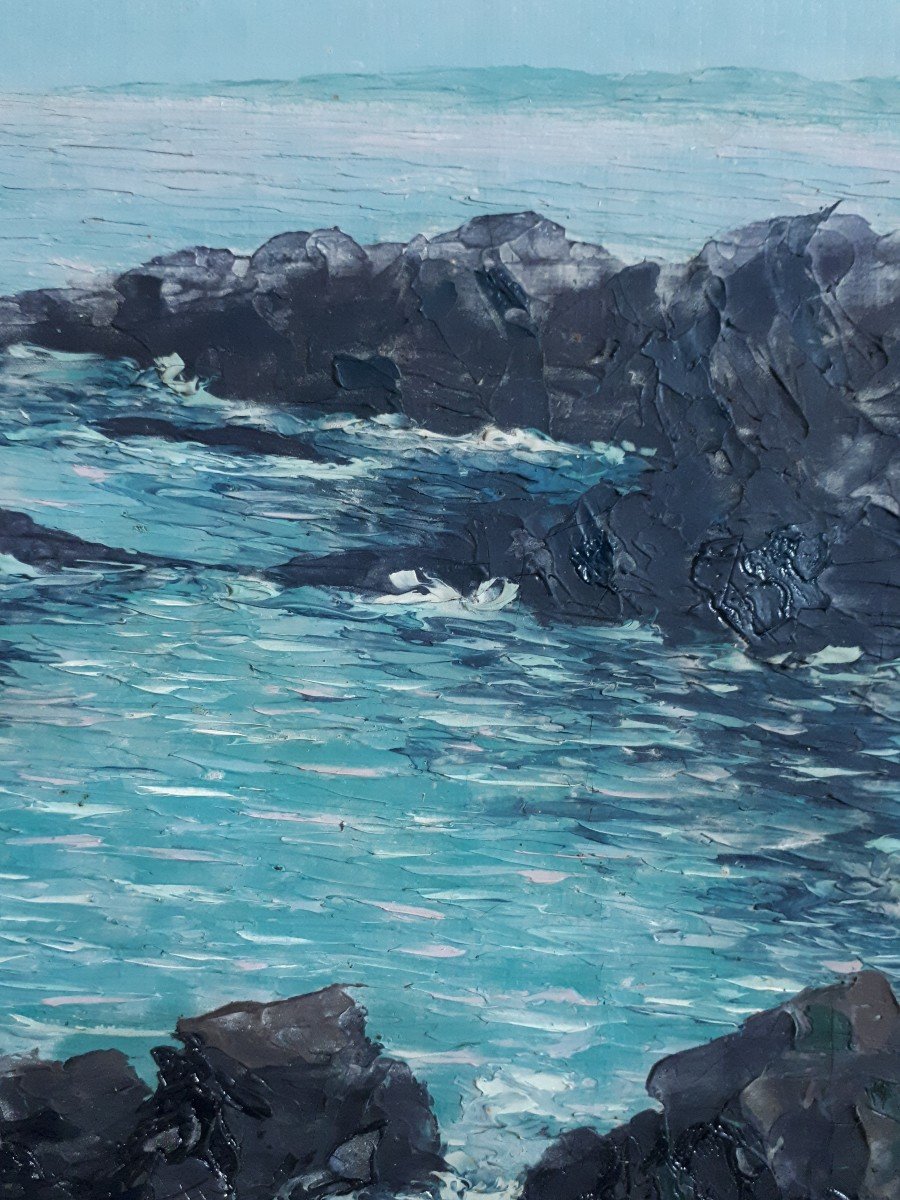 Claude CHAUVIGNAC huile sur toile marine côte rocheuse au crépuscule-photo-4