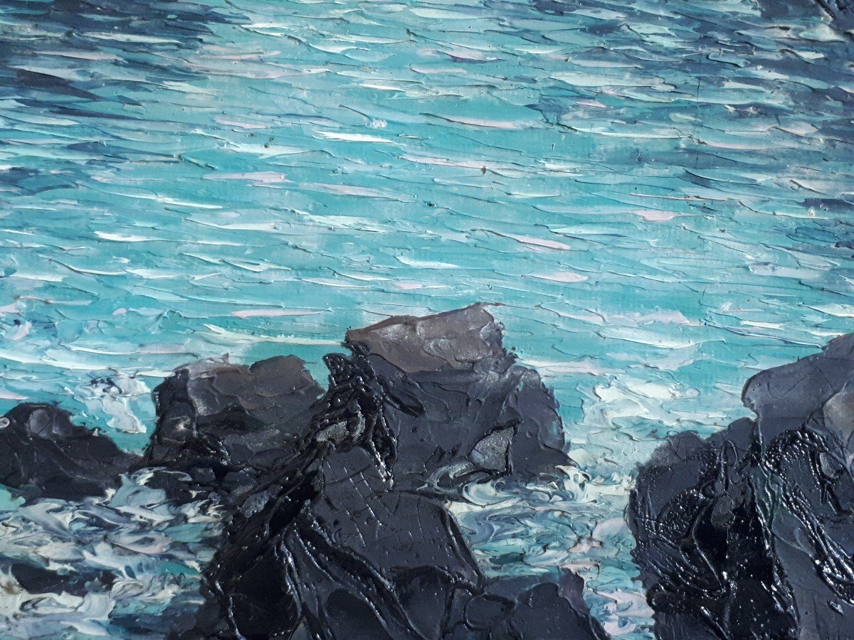 Claude CHAUVIGNAC huile sur toile marine côte rocheuse au crépuscule-photo-1