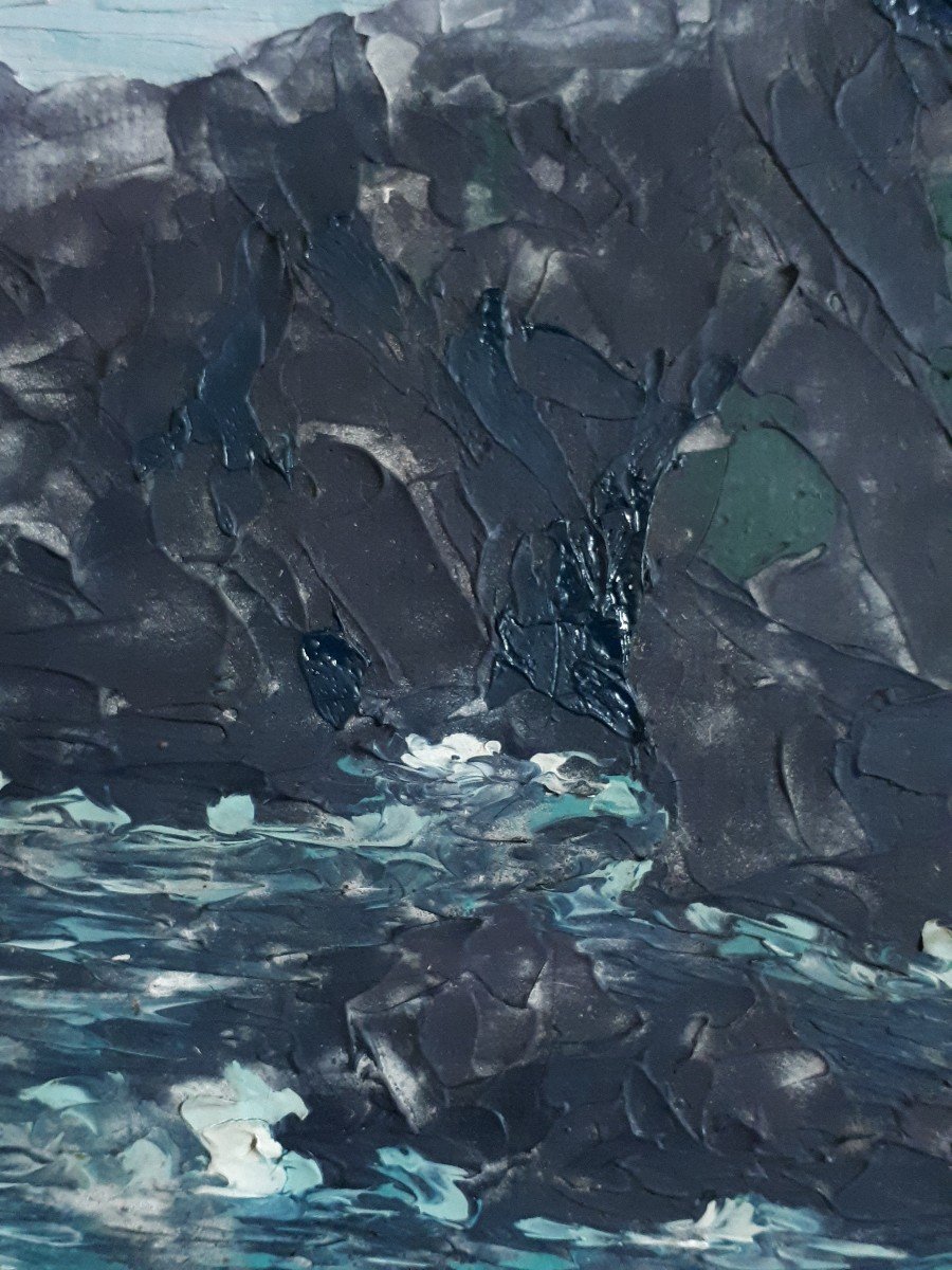 Claude CHAUVIGNAC huile sur toile marine côte rocheuse au crépuscule-photo-5