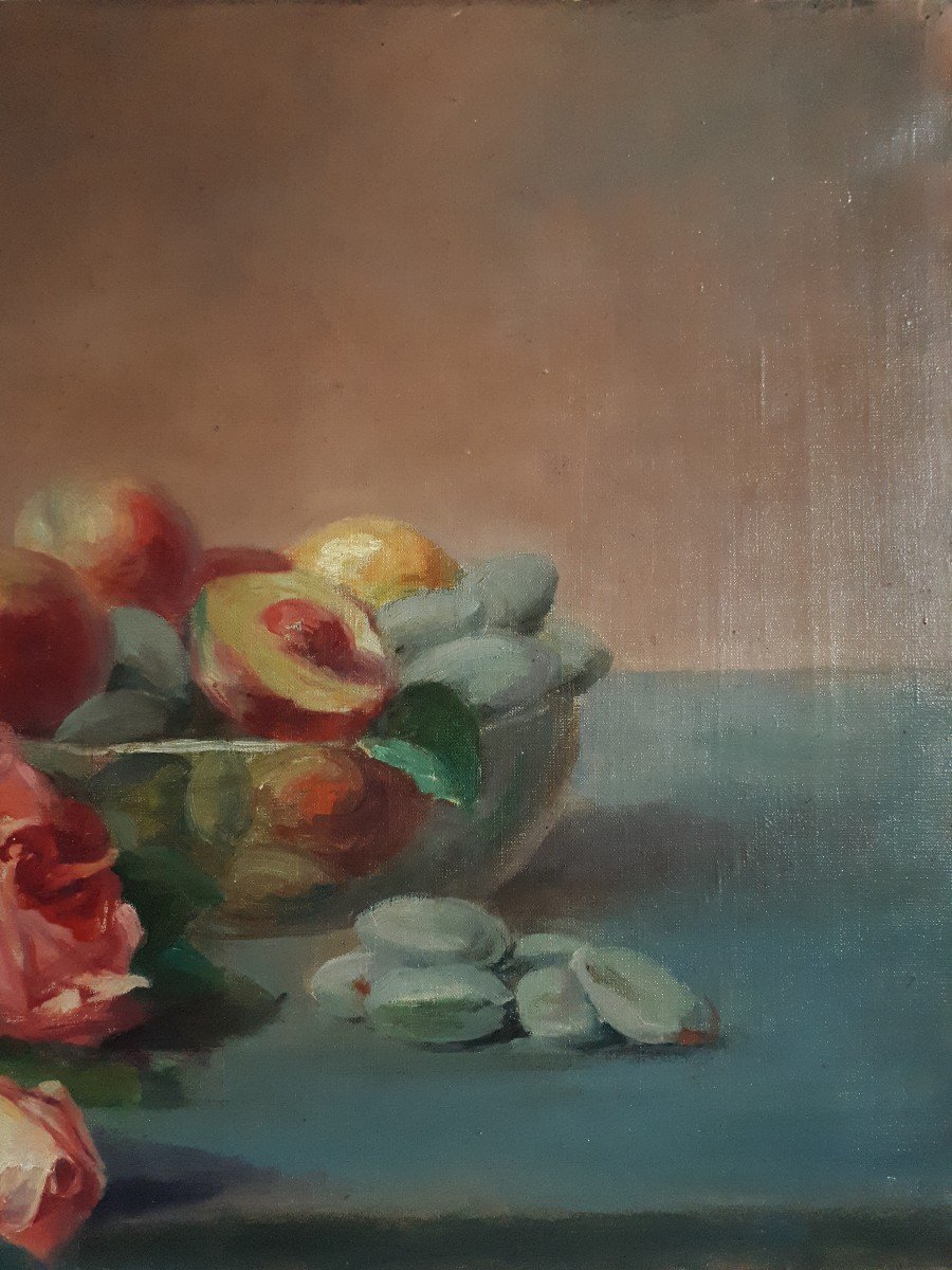 Oil On Canvas Still Life With Roses Flowers P. Leroux 1923-photo-4