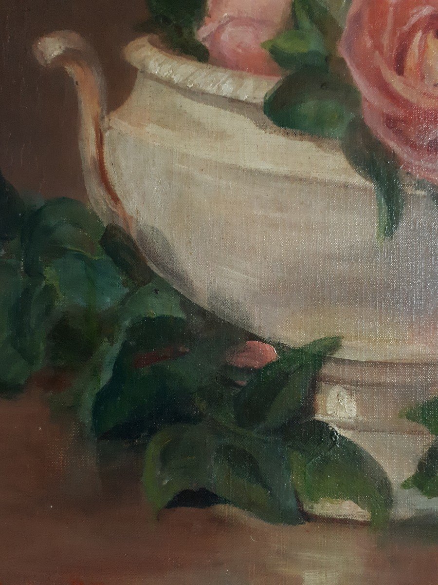 Oil On Canvas Still Life With Roses Flowers P. Leroux 1923-photo-1