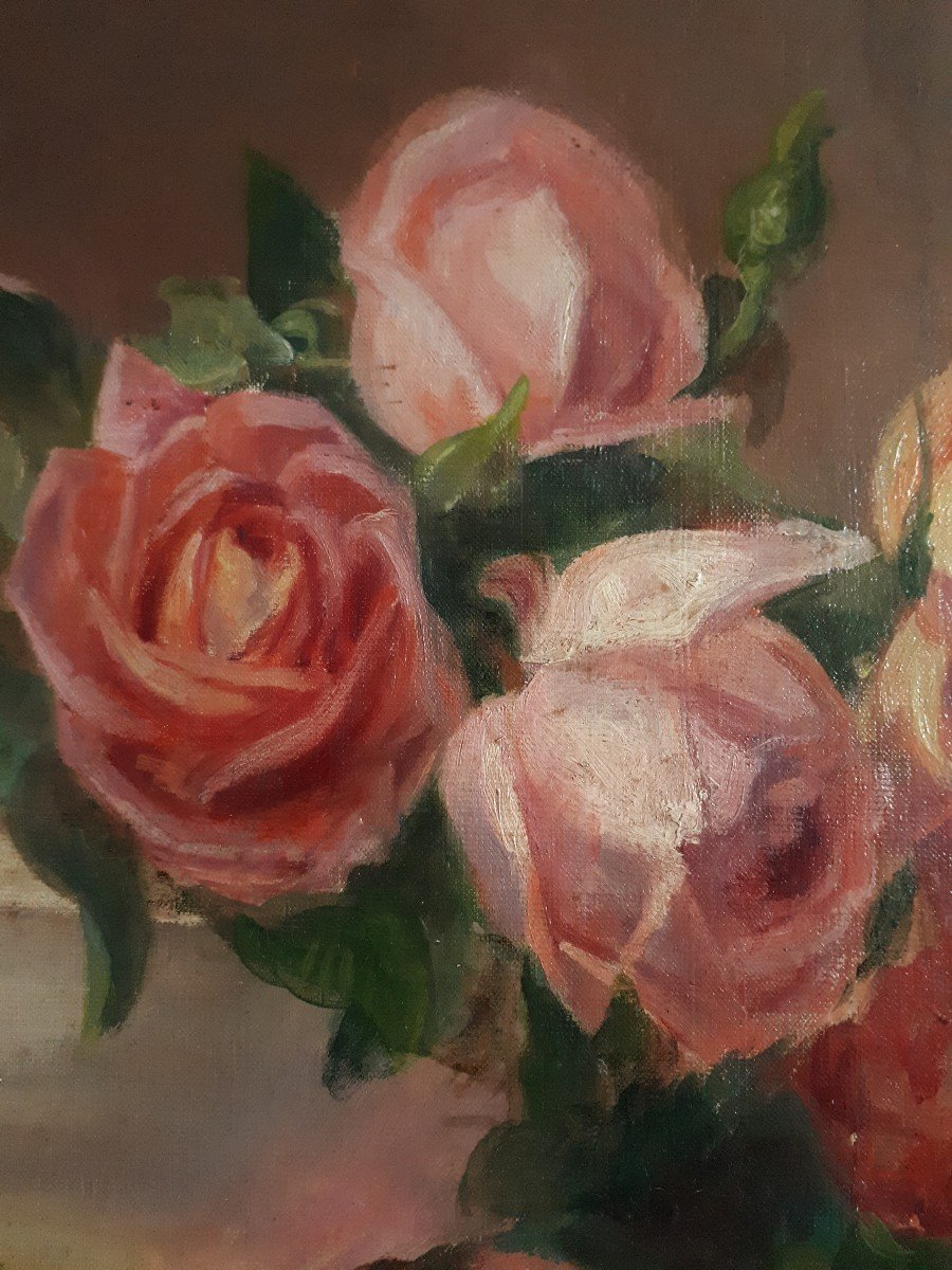 Oil On Canvas Still Life With Roses Flowers P. Leroux 1923-photo-2