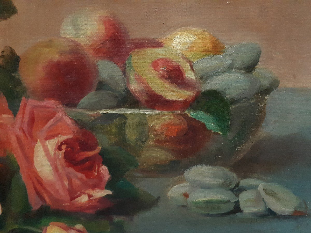 Oil On Canvas Still Life With Roses Flowers P. Leroux 1923-photo-3