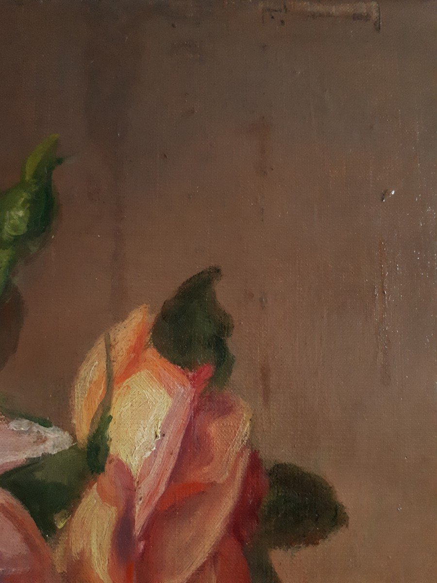 Oil On Canvas Still Life With Roses Flowers P. Leroux 1923-photo-6