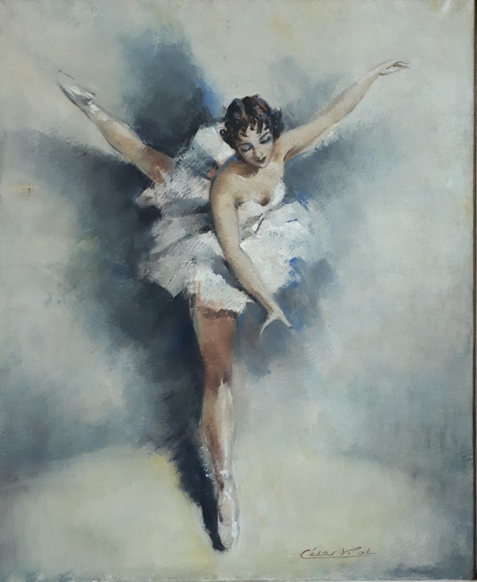 César Vilot Oil On Canvas Ballerina Dancer-photo-2