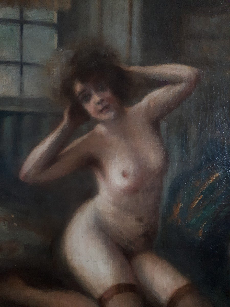 E. Cardinal Female Nude In An Interior Naked Woman Oil On Canvas 1914-photo-2