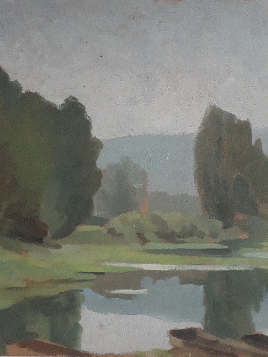 Pierre Roig Oil On Panel Lake Landscape School Of Lyon-photo-3