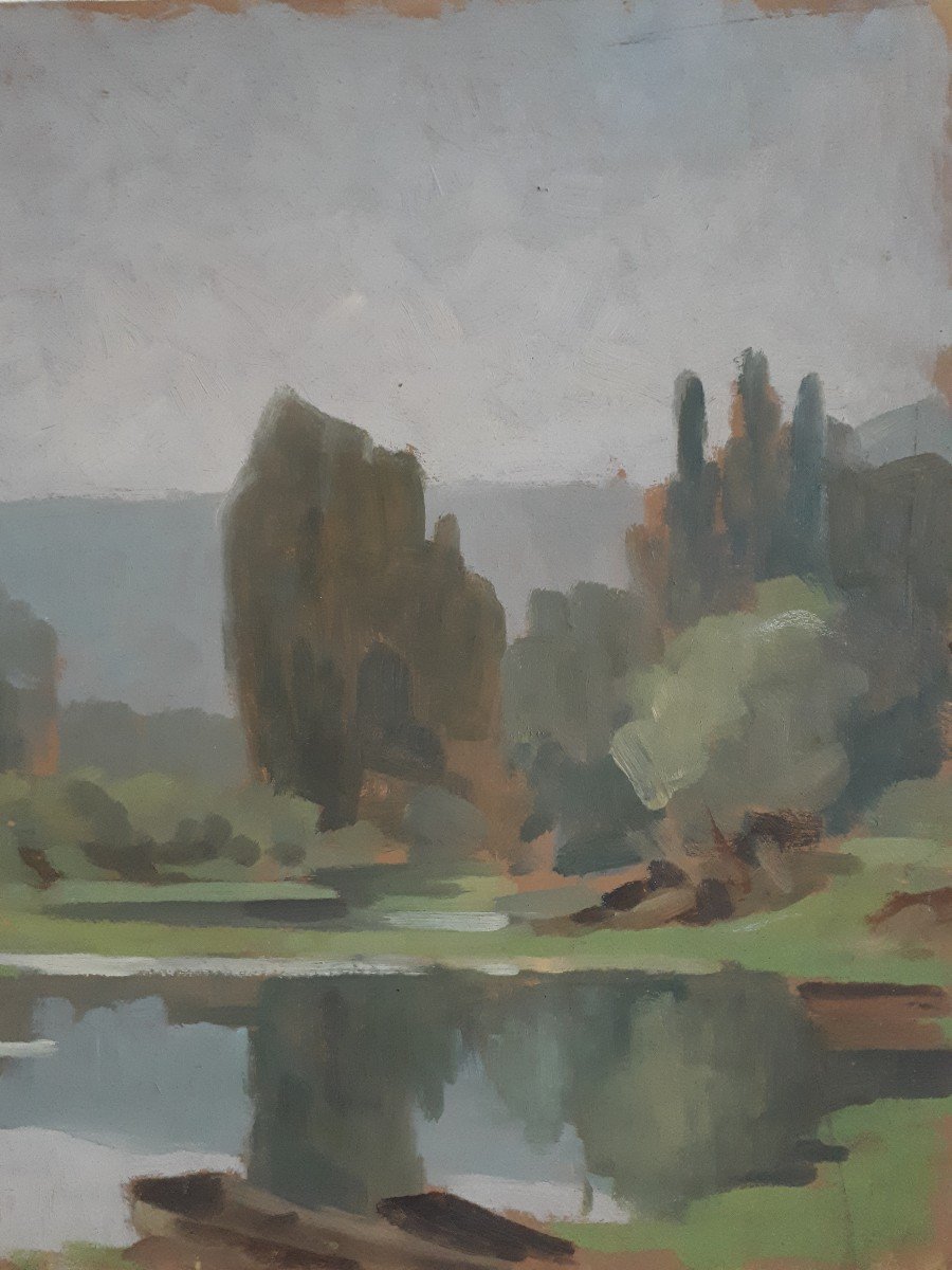 Pierre Roig Oil On Panel Lake Landscape School Of Lyon-photo-4