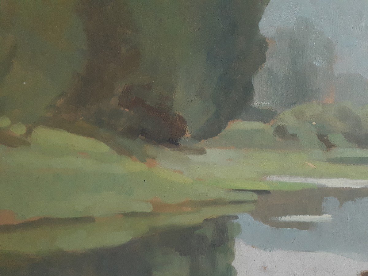 Pierre Roig Oil On Panel Lake Landscape School Of Lyon-photo-2