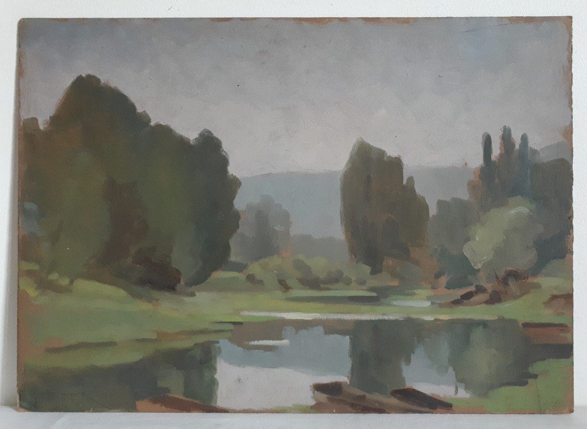 Pierre ROIG huile sur panneau paysage lacustre Ecole lyonnaise