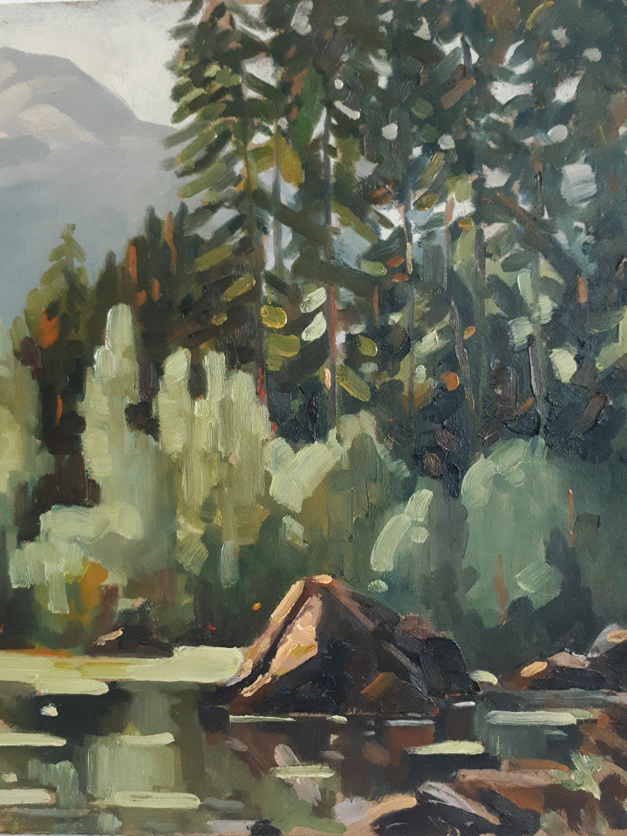 Pierre ROIG huile sur panneau paysage lacustre Ecole lyonnaise-photo-4