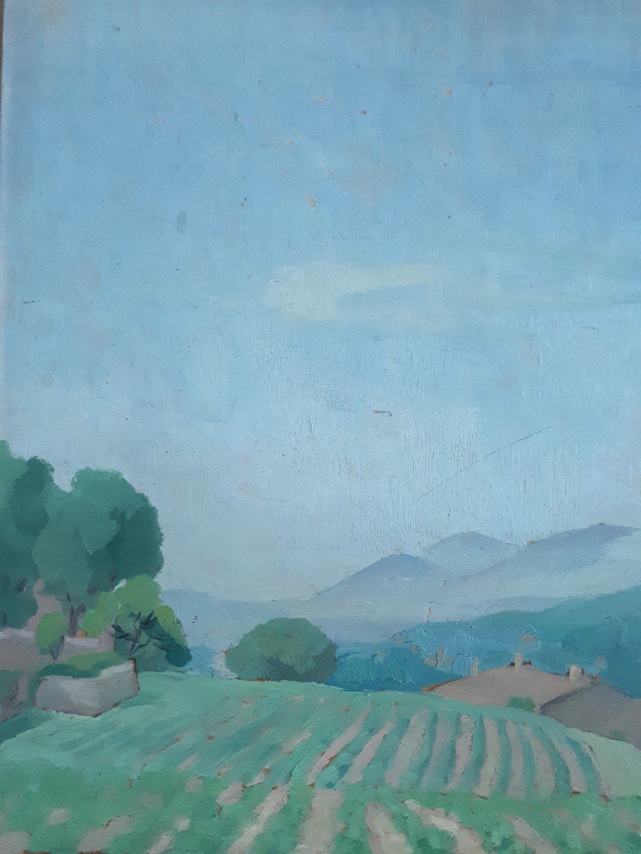 Painting Oil On Wood Hilly Countryside Landscape-photo-3