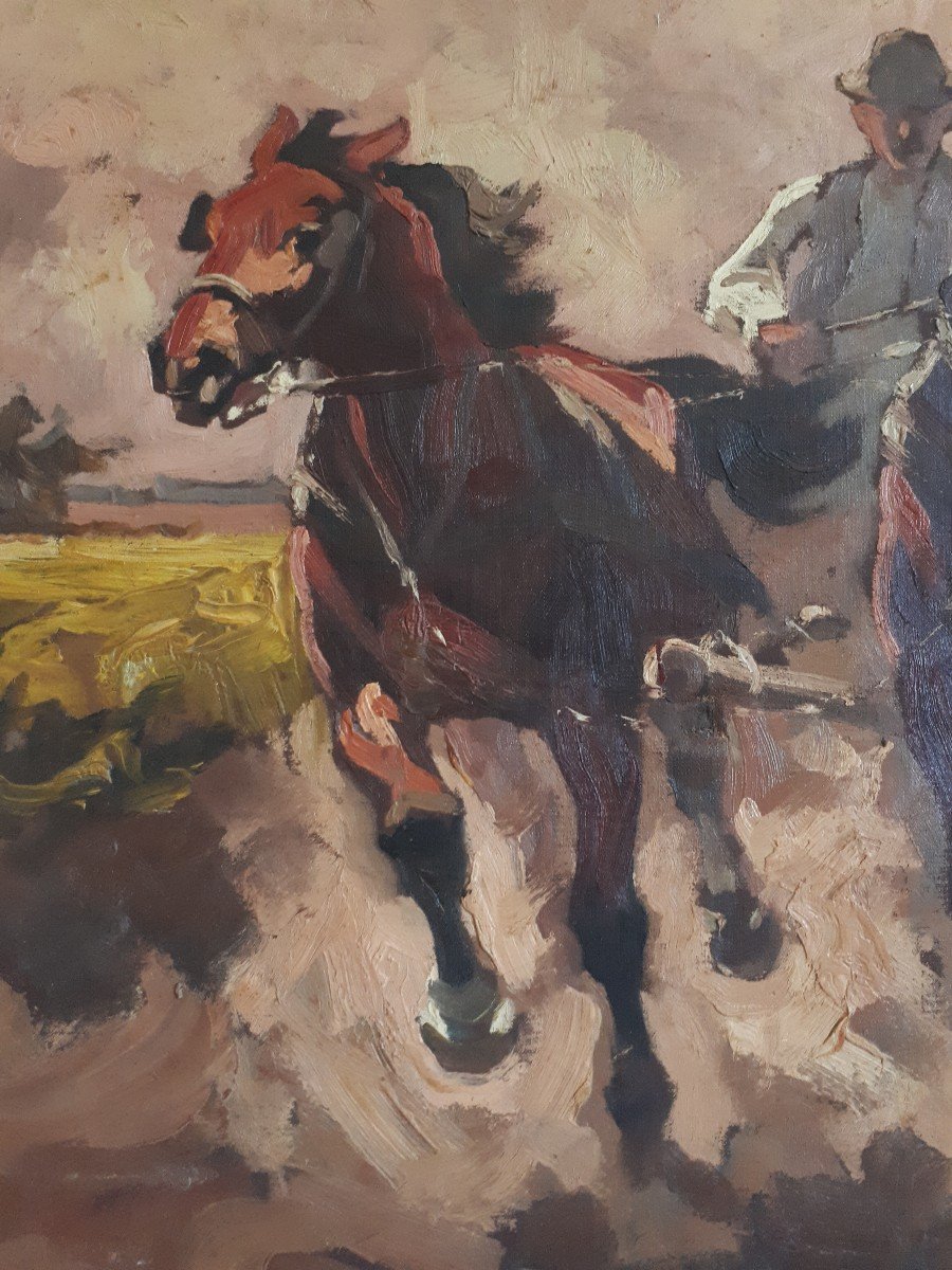 Istvan Benyovszky (hungary 1898-1969) Oil On Canvas Equestrian Scene Horses-photo-2